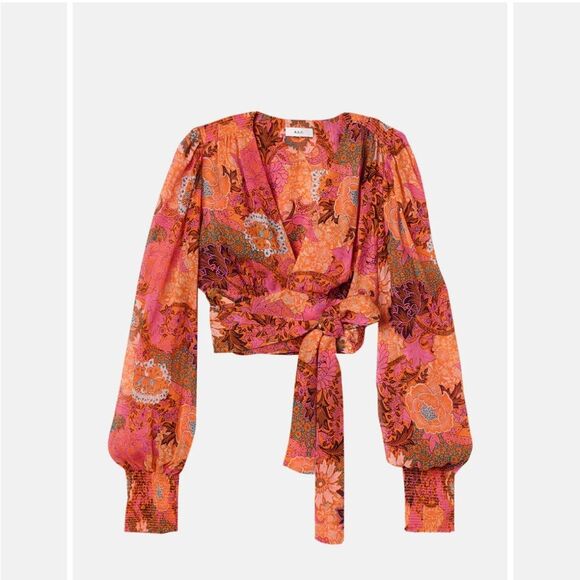 A.L.C. Samara Silk Floral Cropped Top Orange Pink Long Sleeve Blouse size 00 - Picture 3 of 13